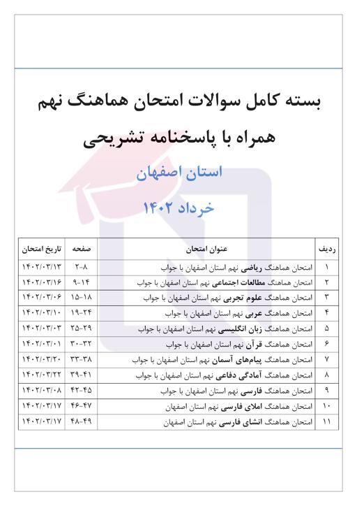 بسته امتحانات هماهنگ پایه نهم نوبت دوم خرداد 1402 استان اصفهان + پاسخنامه تشریحی