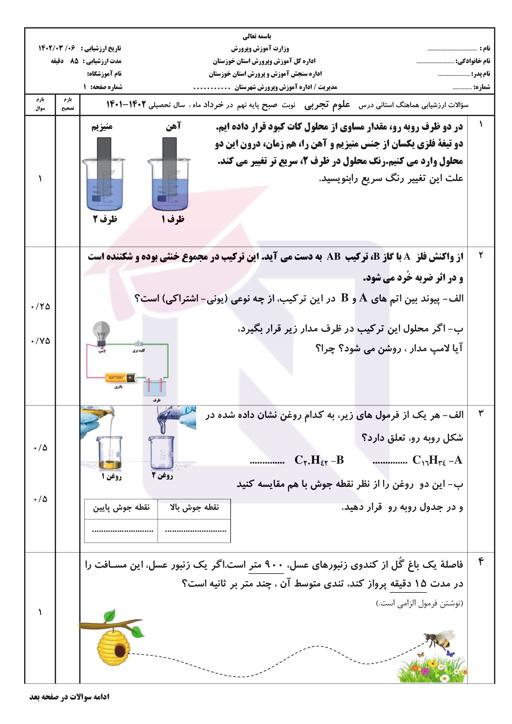 امتحان هماهنگ علوم تجربی نهم نوبت دوم 1402 استان خوزستان + جواب