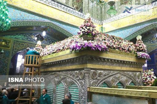 عطر رضوی در مشهد: تعویض گل‌های ضریح حرم مطهر امام رضا (ع) در سالروز میلاد