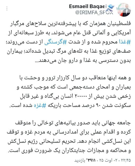 سخنگوی وزارت خارجه:‌ جامعه جهانی صدور بیانیه‌های توخالی را درباره غزه متوقف کند